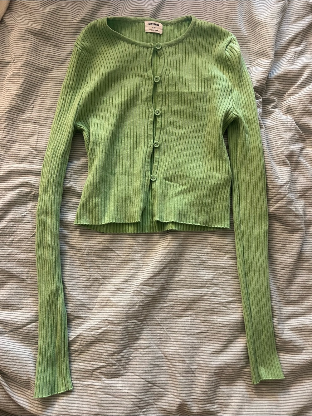 COTTON ON Light Green Ribbed Button-Front Crop Cardigan